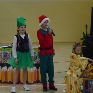 Troje uczniów w przebraniach podczas występu. Kliknięcie w zdjęcie spowoduje powiększenie do oryginalnego rozmiaru.