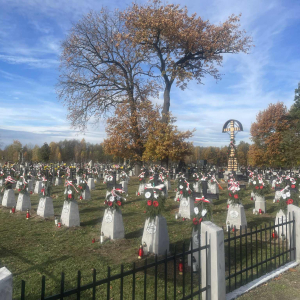 Cmentarz parafialny  mogiły żołnierskie z czasów I wojny światowej. Kliknięcie w zdjęcie spowoduje powiększenie do oryginalnego rozmiaru.