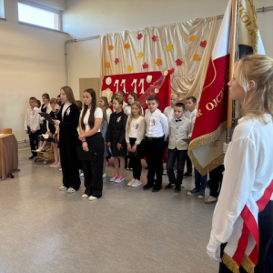 Duża grupa uczniów podczas akademii. Kliknięcie w zdjęcie spowoduje powiększenie do oryginalnego rozmiaru.